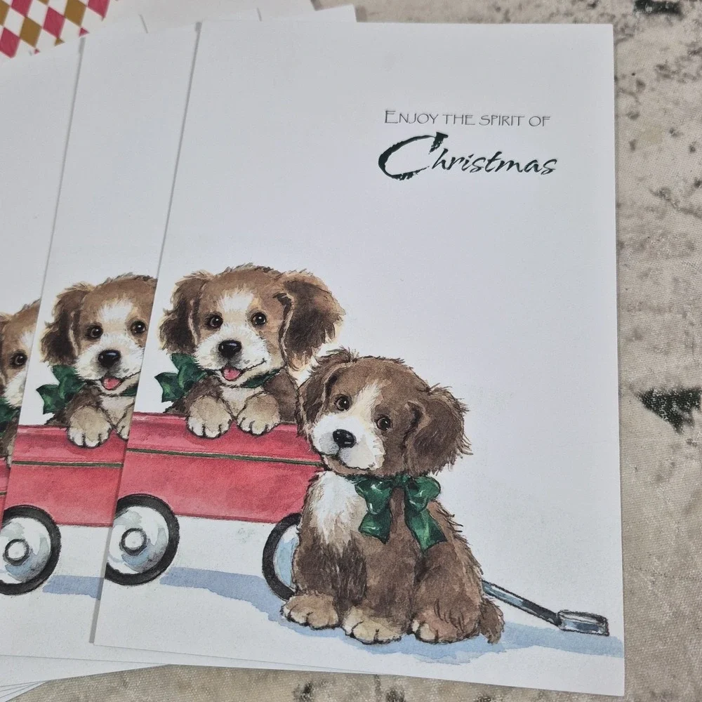 Holiday Friends Christmas Cards Embossed Puppies In A Wagon Lot Of 6